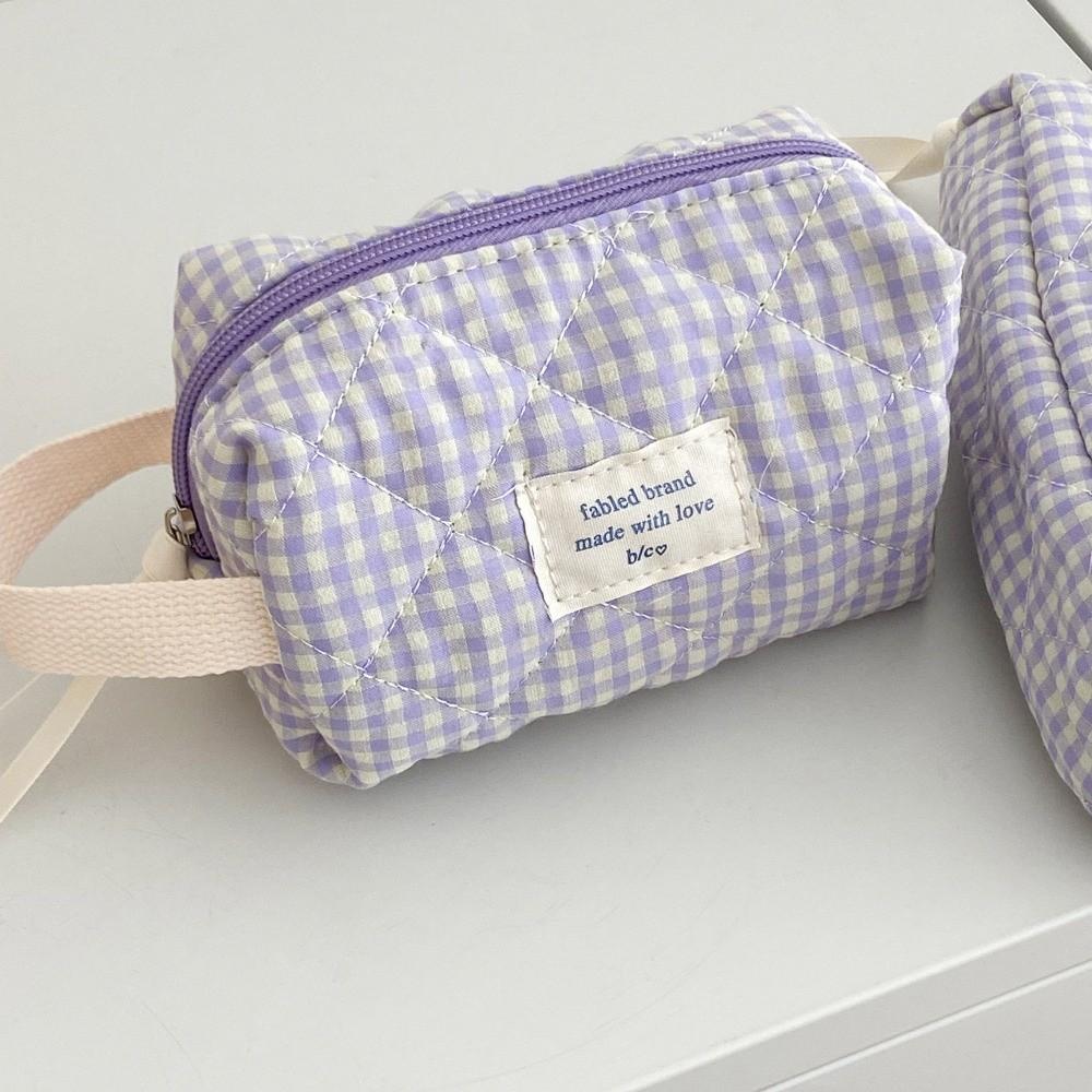New Cotton Makeup Bag Cute Checkered Pattern Travel Toiletry Bag Multi-size Large Capacity Storage Wrist Bag Travel Use