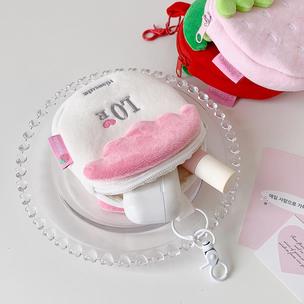 Cute Strawberry Plush Coin Purse Kawaii Mini Pouch for Earphones Holder Small Makeup Bag Backpack Keychain Charm for Women Girls