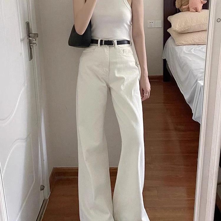White Drapey Loose Fit Women's Jeans - New 2026 Korean Style, Straight Wide Leg, Thin Spring/Summer.