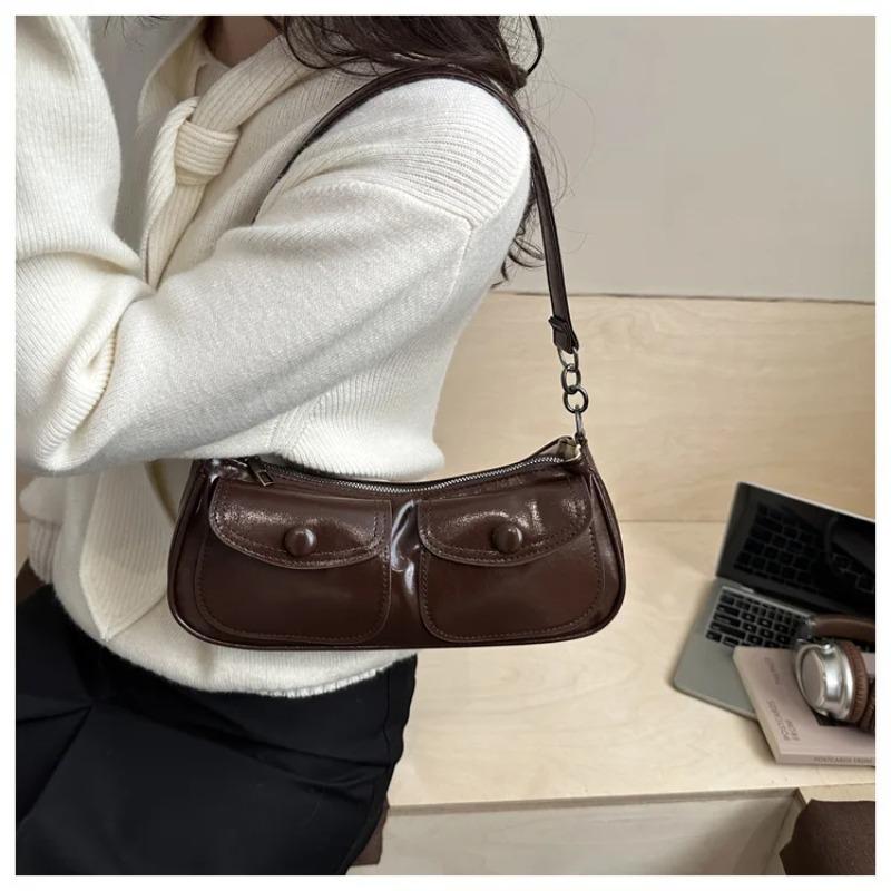 Vintage Double Pocket Design Shoulder Bags for Women Solid Color Ladies Pu Leather Underarm Bag Simple Portable Female Handbags