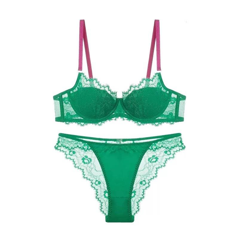 

Сексуальное кружевное нижнее белье Французское дофаминовое контрастное по цвету нижнее белье большого размера маленькая грудь с эффектом большой сборки бюстгальтер-ковер XL зелёный