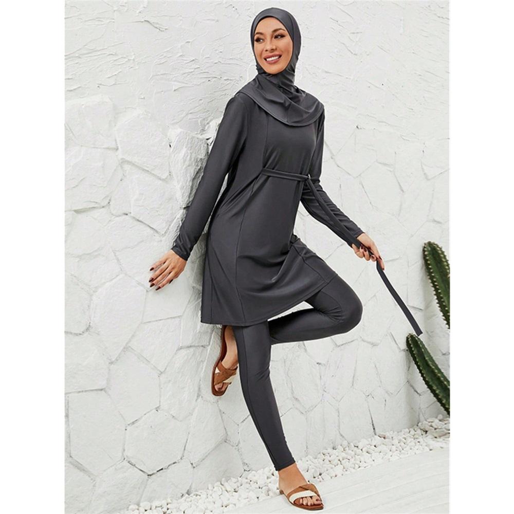 Dámský 3dílný tmavě šedý decentní burkini plavky s hidžábem, dlouhým rukávem, páskem a plavkami po celé délce