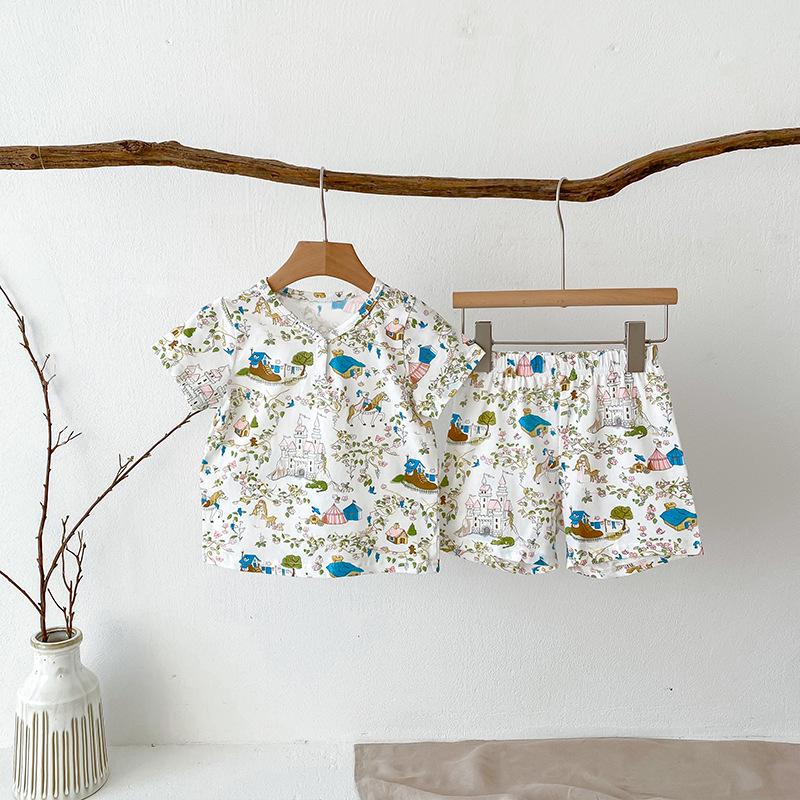 

2025 Summer Kids Korean Cotton Pajama Set: Boys & Girls Short Sleeve Shorts 80 cm