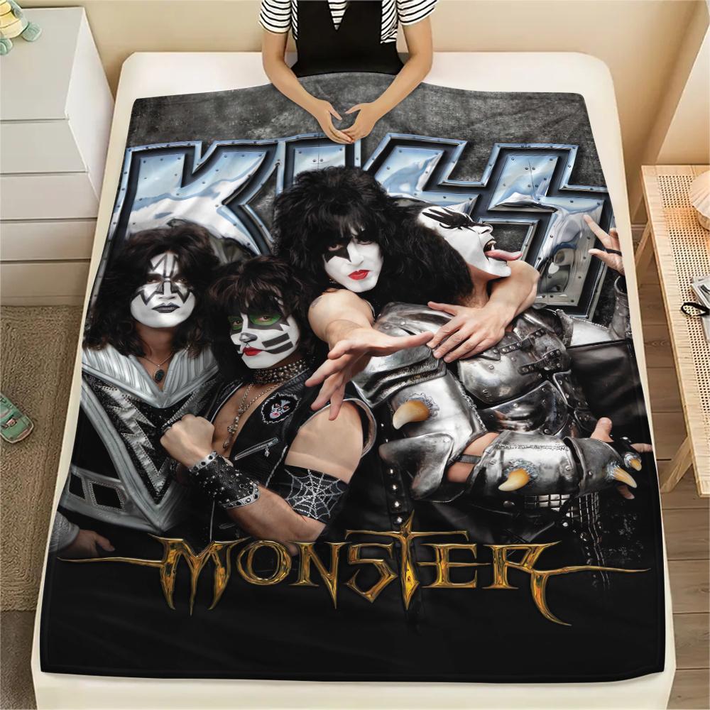 1Pc Rock Kiss Band Print Flannel Blanket, High Quality Comfortable for All Seasons, Home Decor, Warmth and Comfort, Perfect for Christmas Gifts