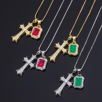 Design Sense Diamond Emerald Cross Necklace Pendant Sweet Cool Hip Hop Band Diamond Gem Spice Collarbone Chain