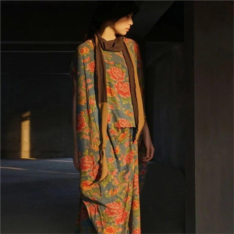 Johnature Women Vintage Irregular Dresses O-Neck Sleeveless Print Floral Robes Summer Chinese Style Women Dress
