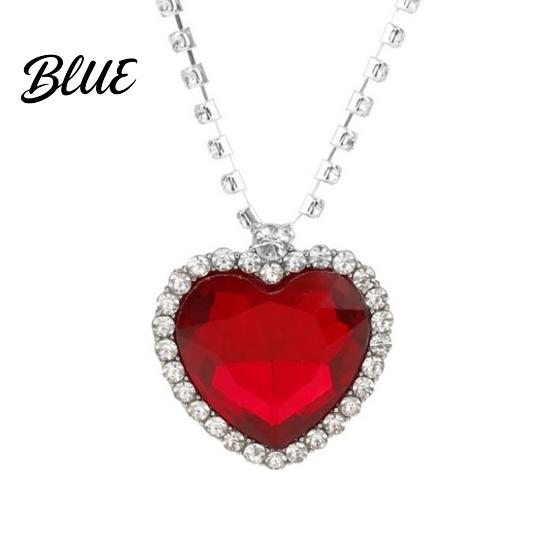 Blue Gemstone Pendant Heart Necklace Faux Diamond Sparkly Romantic Light-reflecting