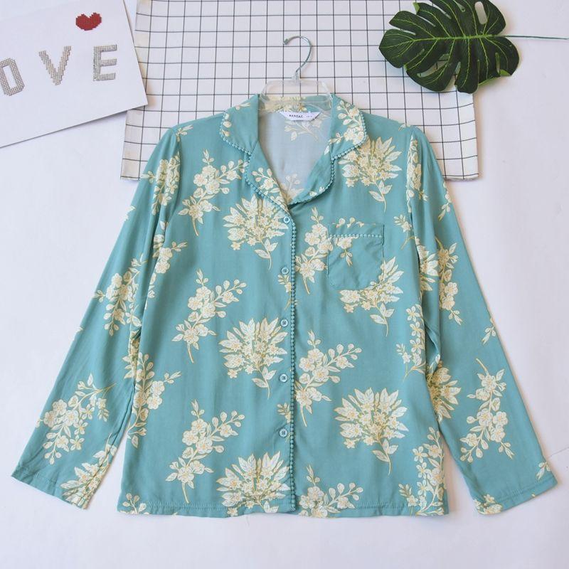 Foreign Trade Women Rayon Printing Long Sleeve Pajamas Top Summer and Autumn Thin Breathable Casual Cardigan Home Wear Can Be Worn Outside