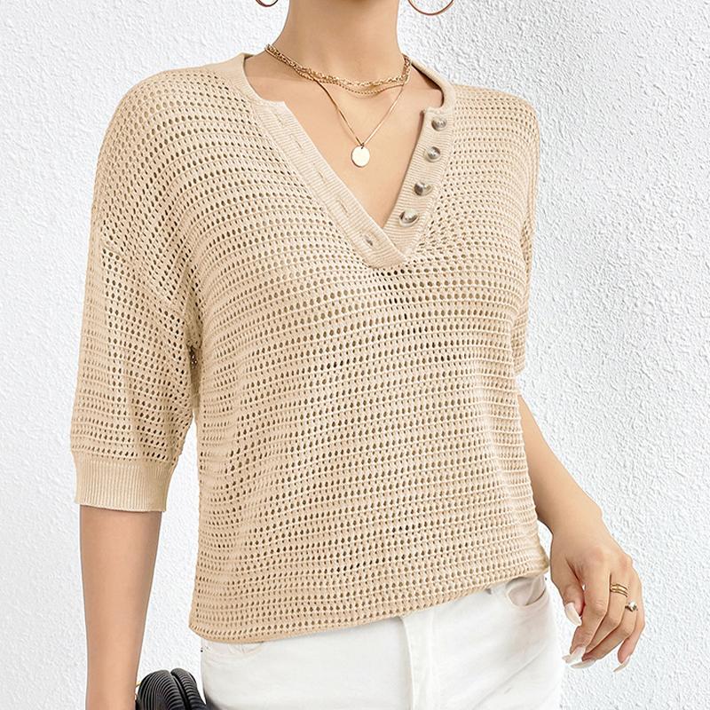 

Женский топ, повседневный вязаный пуловер с v-образным вырезом и футболкой с короткими рукавами XL абрикосовый