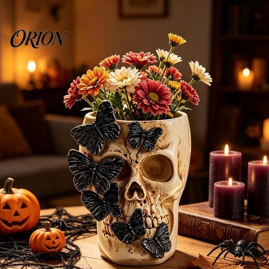 Resin Butterfly Vase Black Skull Vase, Skeleton Pen Holder, Gothic Flower Dark Aesthetic Stationery Arrangement Container, Creative Desktop Organizer