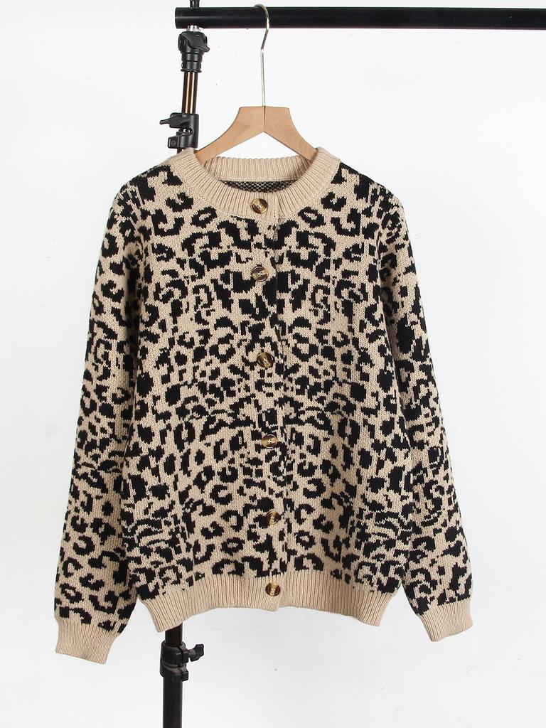 European and American new autumn and winter sweaters women's loose knitted round neck long-sleeved leopard print sweater cardigan jacket