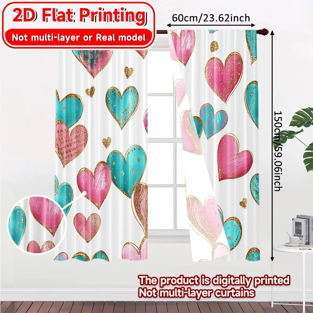 2D Flat Printing,2pcs Heart Delight Light Filtering Modern Curtains Polyester Easy Install Curtains Thermal Insulation, and Room