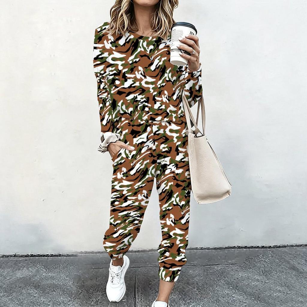 Women Long Sleeve Loose Blouse And Elastic Waist Straight Trousers Two Piece Soft Leisure Clothing