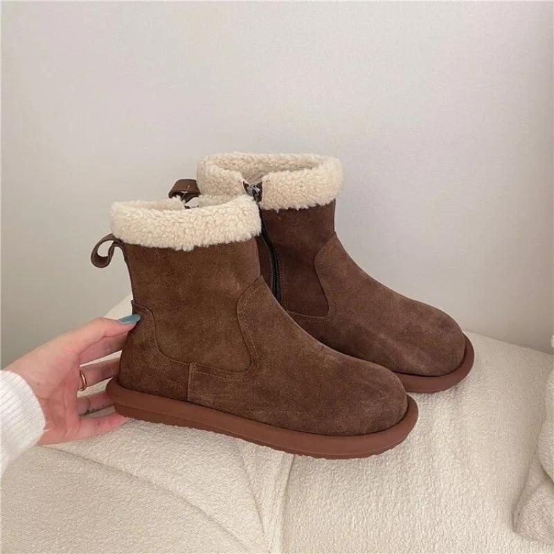 2024 New Winter Women's Fur Short Boots Plush Thick Warm Flat Thick-soled Cotton Shoes Women's Suede Snow Boots Botas Mujer