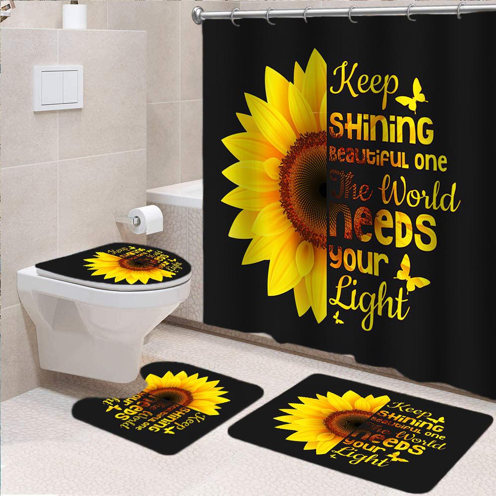 Sunflower Butterfly Waterproof Shower Curtain Bathroom Mats Set Toilet Lid Cover Rugs Anti Slip Carpets Shower Room Floor Mats
