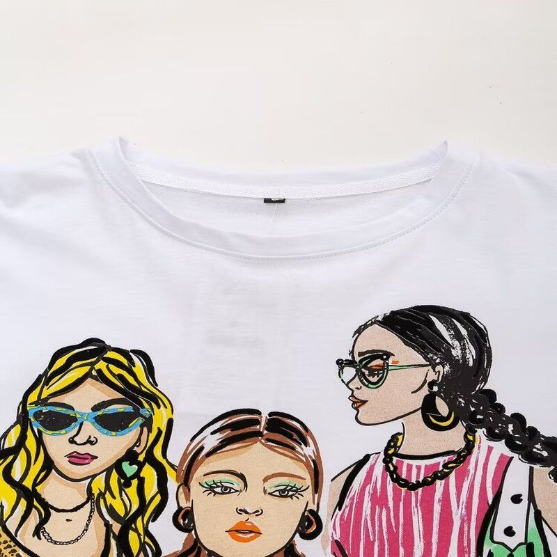 European American Summer New Women's Clothing Loose Ins Trendy Round Neck Girl Print Casual Short Sleeve T-shirt 0264357 250