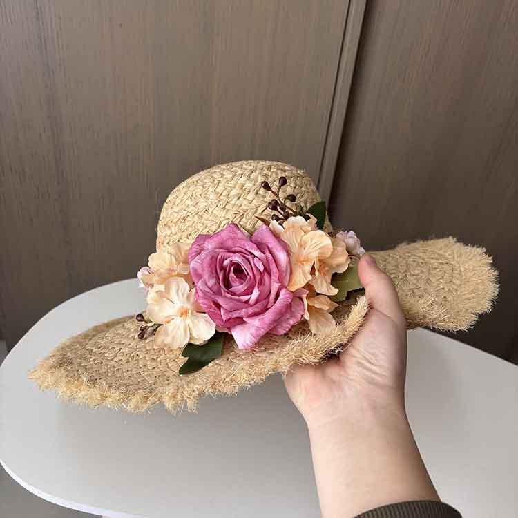 Summer French raffia hat women's summer vacation versatile sun hat flower big brim sun protection beach hat