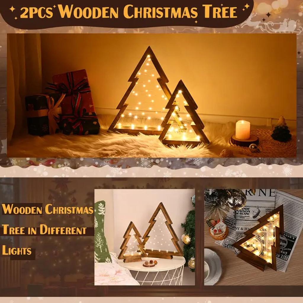 A Set Of Christmas Table Decorations, Two Sizes Of Wooden Christmas Tree Lights, Christmas Holiday Decoration Interior