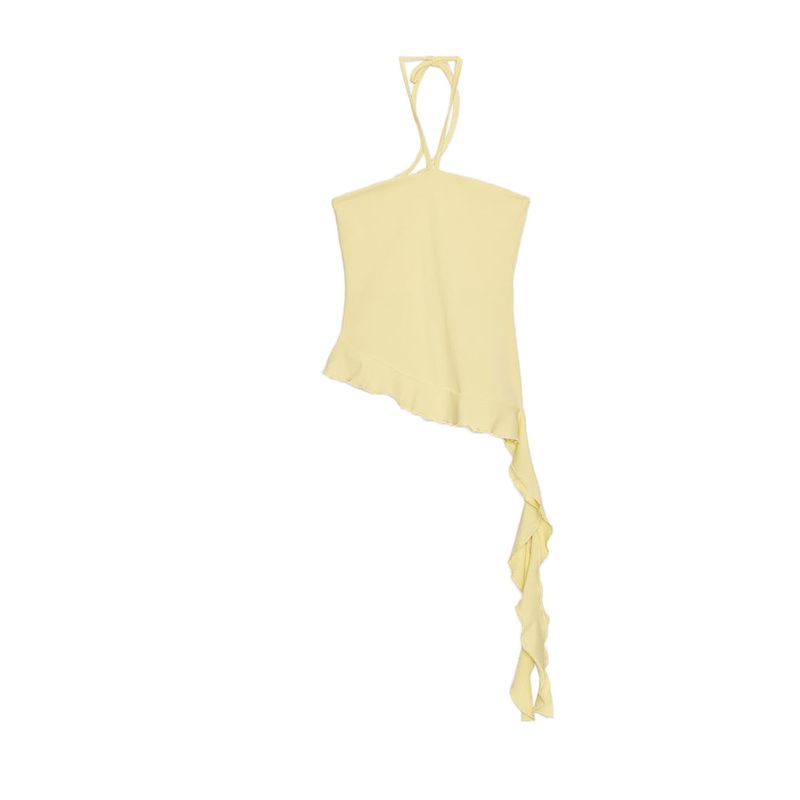 Summer New Product Women's Clothes Hanging Collar off-the-Shoulder Bow Shoelace Laminated Decoration Texture Tops 3641810