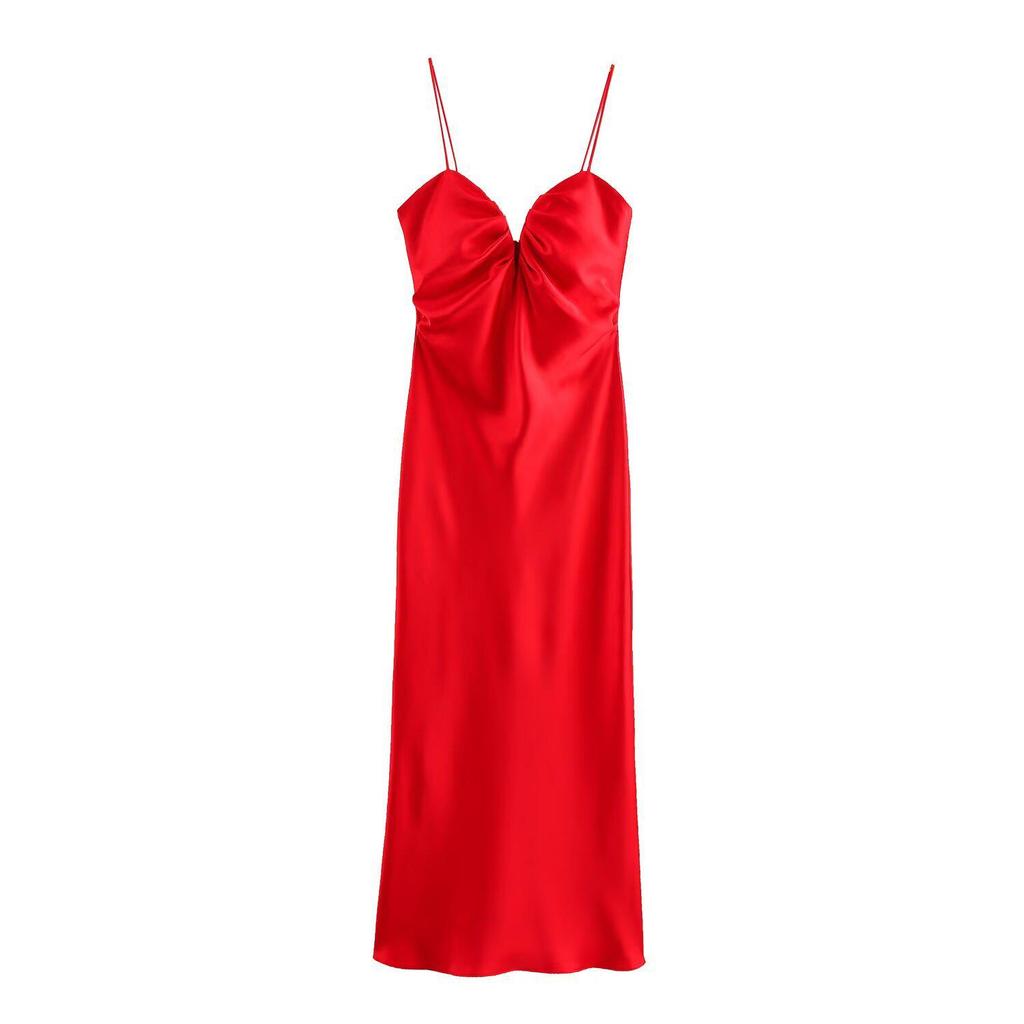 Spring 2025 Women's European & American Style Heart Neckline Silk Satin Midi Dress