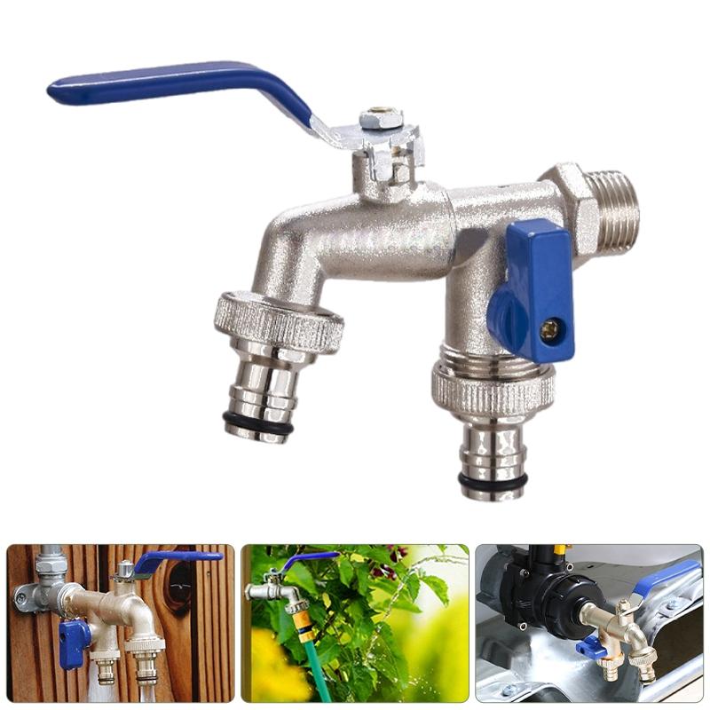 Outdoor Faucet with Double Outlet 1/2'' 3/4'' Water Splitter Connector Faucet Outside Spigot Water Tap for Garden Hose