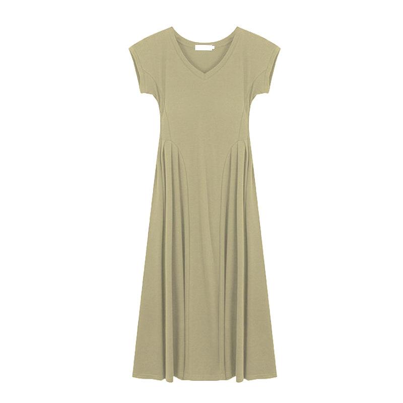 

Dress women s long solid color V-neck waist thin short-sleeved dress women s new summer long dress women S