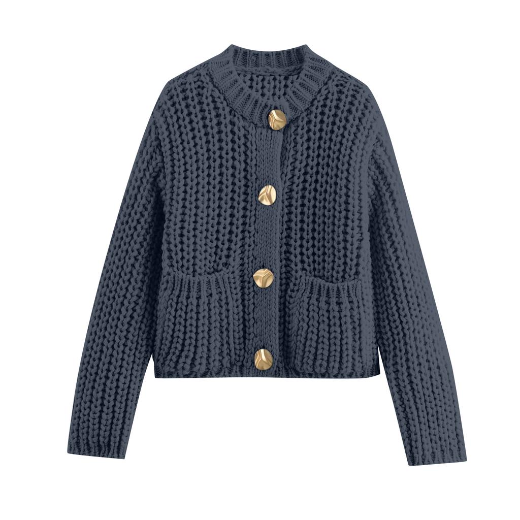 Women's Solid Color Coarse Needle Pocket Button Knit Cardigan Long Sleeved Sweater Jacket