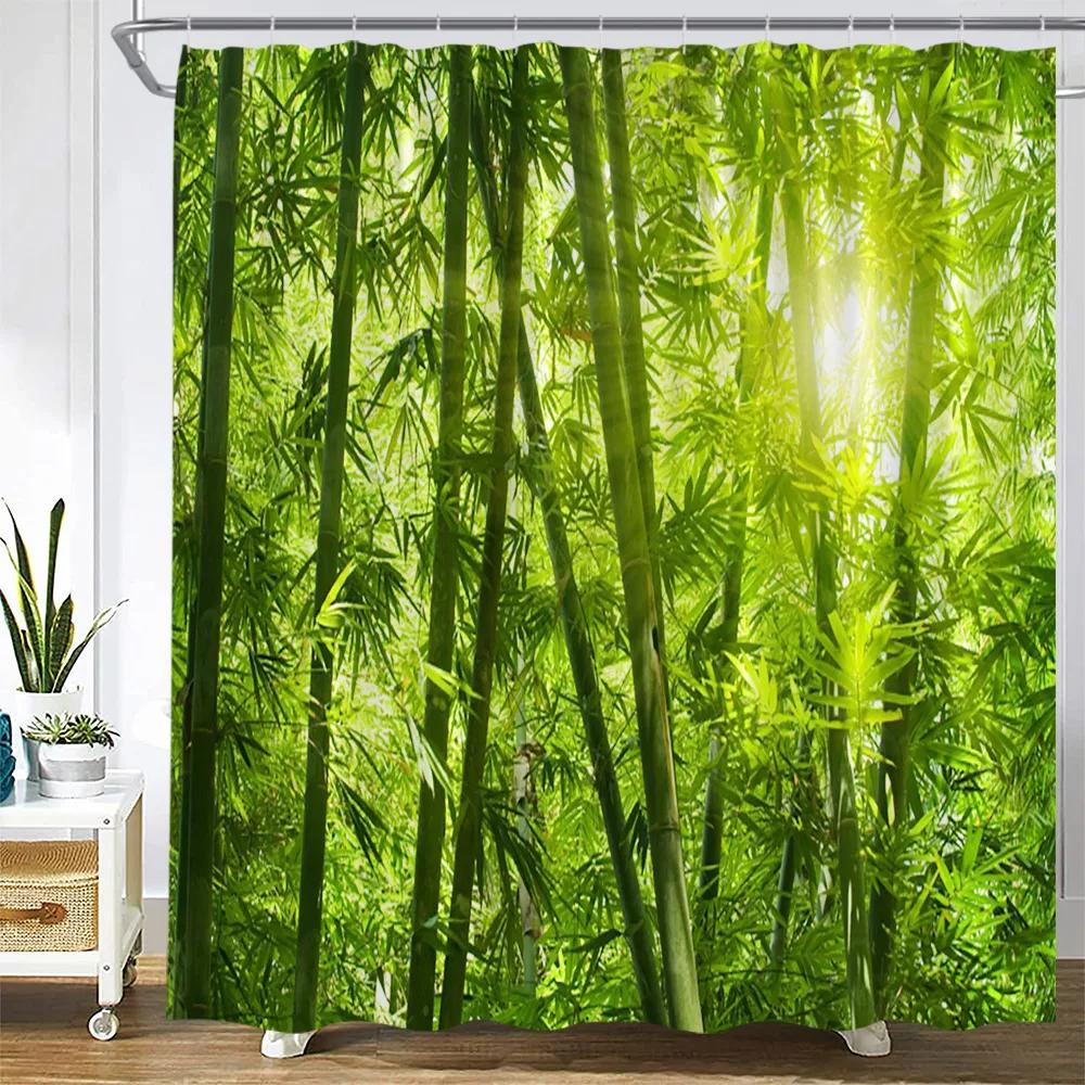 Chinese Style Shower Curtain Vintage Wood Board Garden Building Green Plant Floral Pattern Bathroom Decor Bath Curtain with Hook