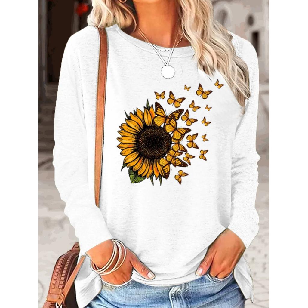 Round Neck 3D Printed Sunflower Pattern Top Fashionable Casual Long Sleeved Women's T-shirts
