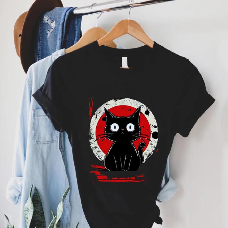 Kawaii Women Tees Cat Japanese Black Anime Cat T Shirt T-Shirt Kawaii Clothes Shirts for Women Tops Graphic T Shirts Camisetas