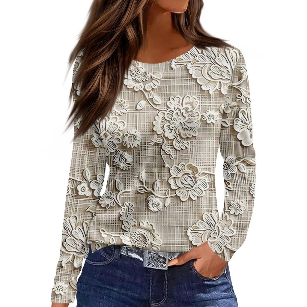 Women's Fashion Casual LongSleeve Print Round Neck Pullover Top Blouse