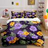 Purple and Orange Flowers On Dark Background Print Bedding Set 1 Duvet Cover 2 Pillowcases for Adult and Children Luxury Gift