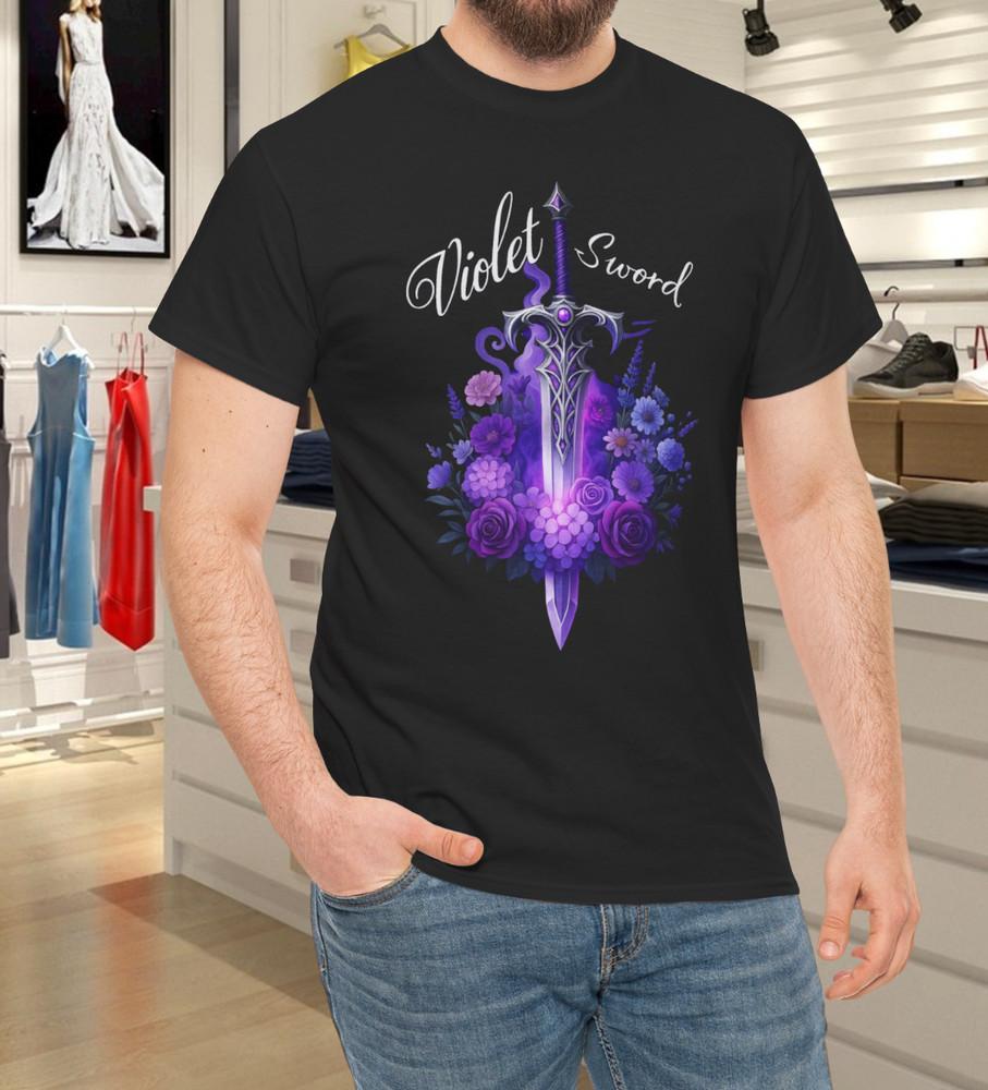 Violet Sword Floral Blade – Elegant Fantasy Weapon Aesthetic T-Shirt 3XL