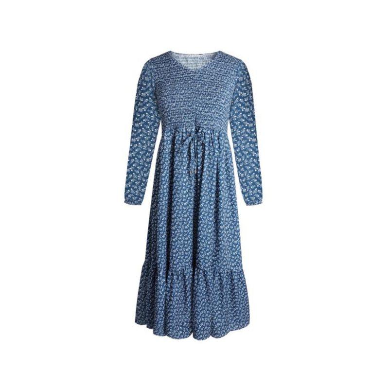 

Spring Amazon Fashion V-neck New Small Floral Smocking Fashion Plus Size Long Sleeves Silm Mid Length Long Length Dress Navy M