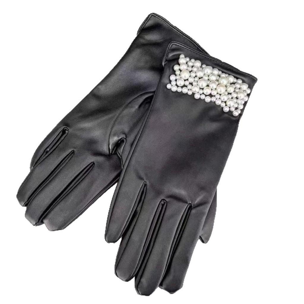 Women's Winter Fleece-Lined Leather Gloves with Bow Decoration - Warm, Cold-Proof Outdoor Cycling Gloves