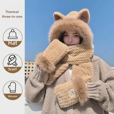 Ensemble bonnet et écharpe en peluche à oreilles de renard d'hiver pour femme - Chaud et épais avec protection des oreilles pour le cyclisme