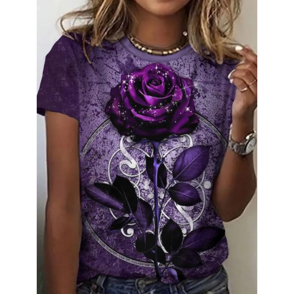 Summer Women T-shirt Creative Flower 3D Printed Short Sleeved T-shirt Fashionable Comfortable Soft Breathable Large Loose T-shirt