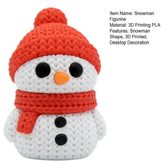 Festive Snowman Decor 3D Printed Knitted Figurine, Christmas Statue with Red Knit Decorative Hat and Scarf, Mini Sculpture for Holiday Desk Decoration