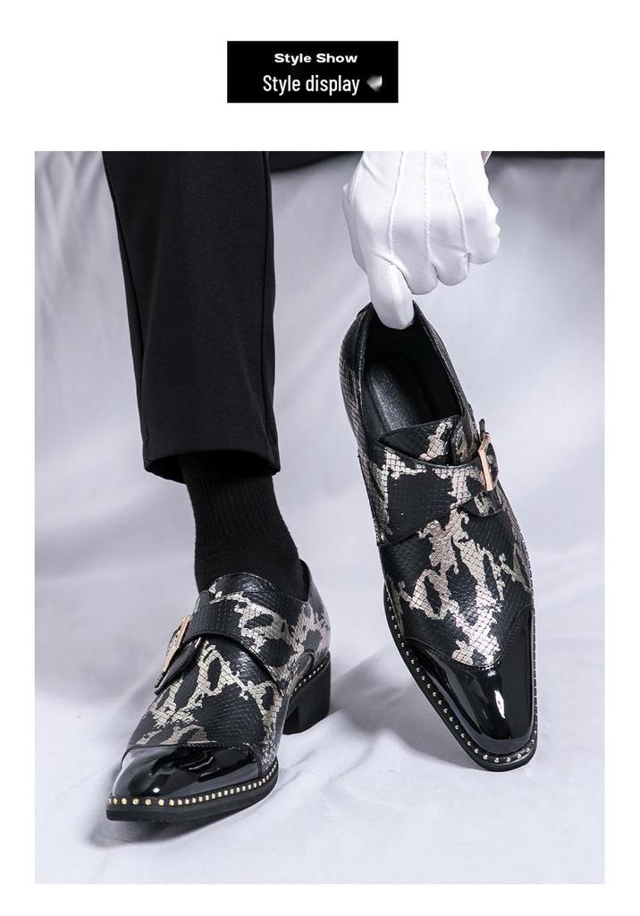 Cross-Border Plus Size Snake Print Leather Monk Strap Men's Shiny Pointed Toe Wedding Party Shoes