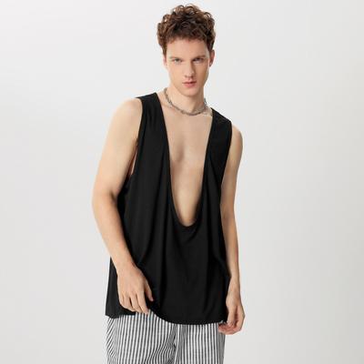 Men Deep U Neck Sleeveless Loose Tank Tops Casual Solid T-shirts