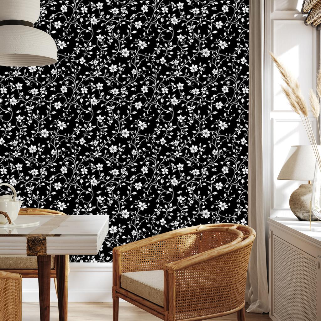 Wallpaper Black and White Flowers Graphite and Black for Living Room and Bedroom 50x1000