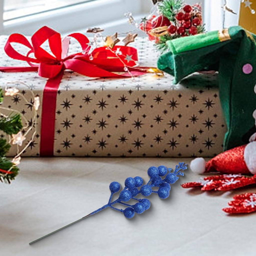 Set of 12 Artificial Christmas Glitter Berry Stems with Flexible Iron Wire for Holiday Tree Wreath Garland and DIY Decoration