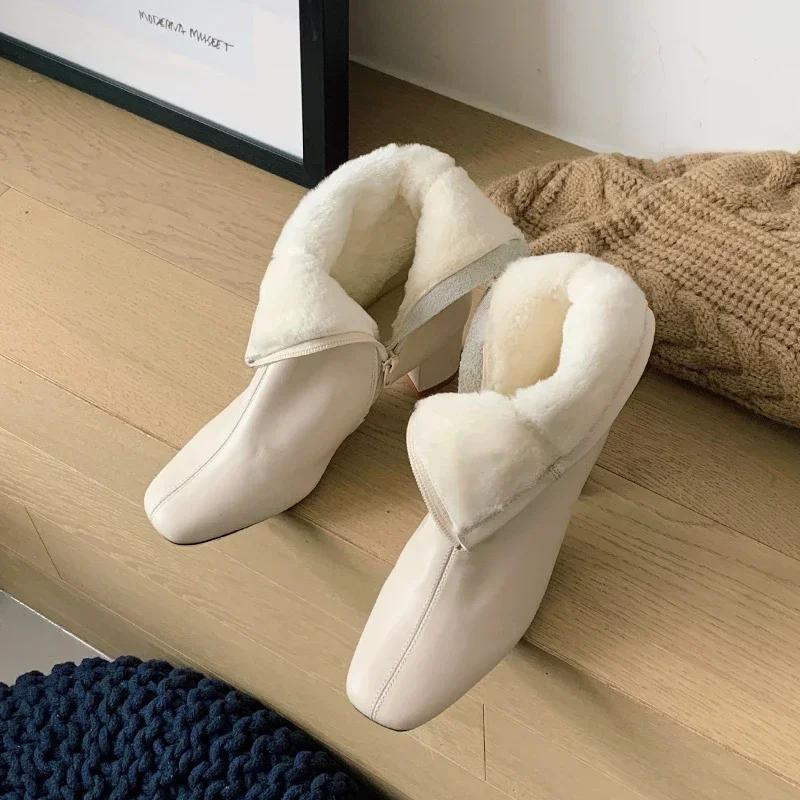 Winter Warm Plüsch Frauen Stiefeletten Mode Reißverschlüsse Elegante Dicke High Heel Schuhe Street Style Warm Halten Damen Kurze Stiefel Beige