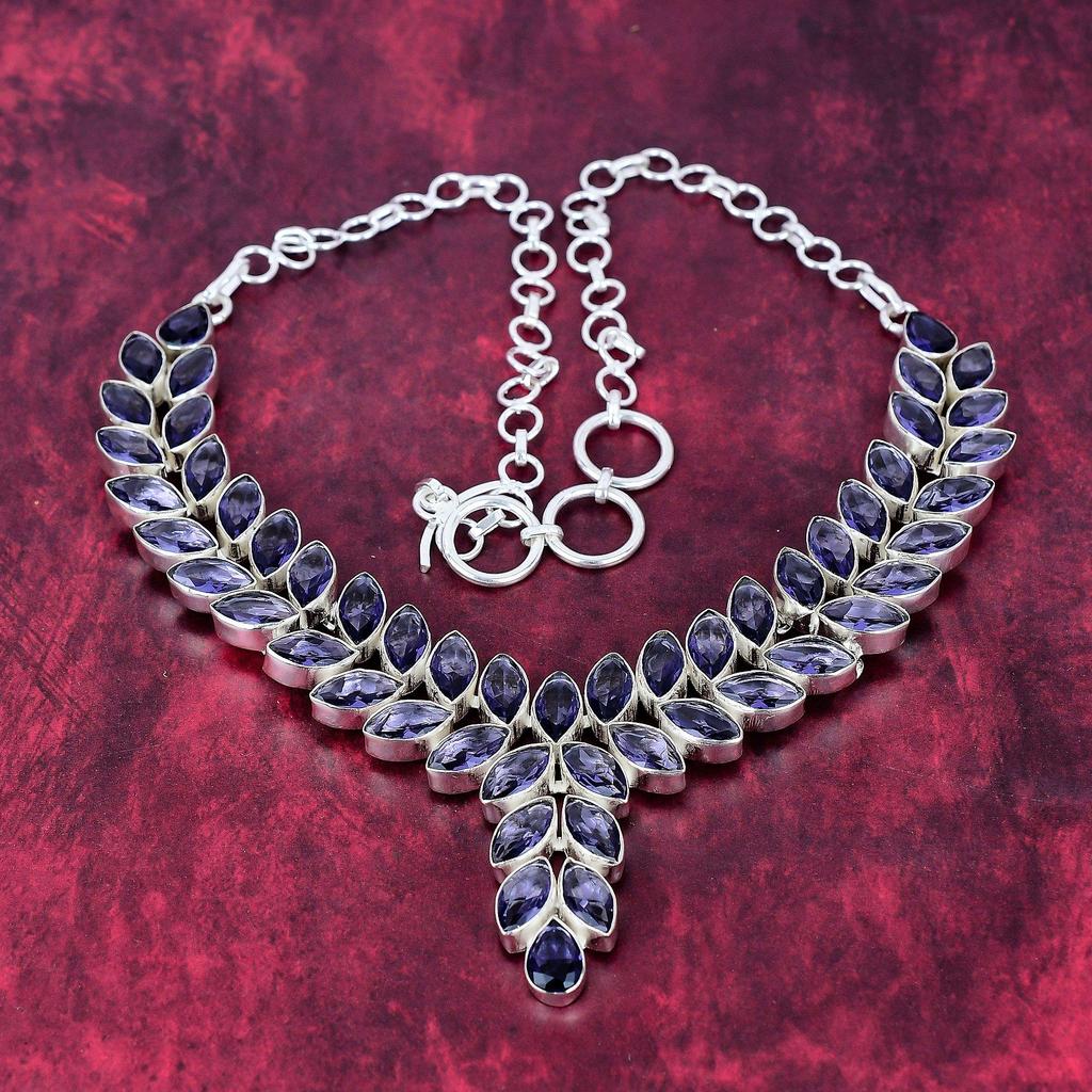 Iolite Handmade Gemstone Necklace, 925 Solid Sterling Silver Necklace Antique Jewelry, For Engagement Gift