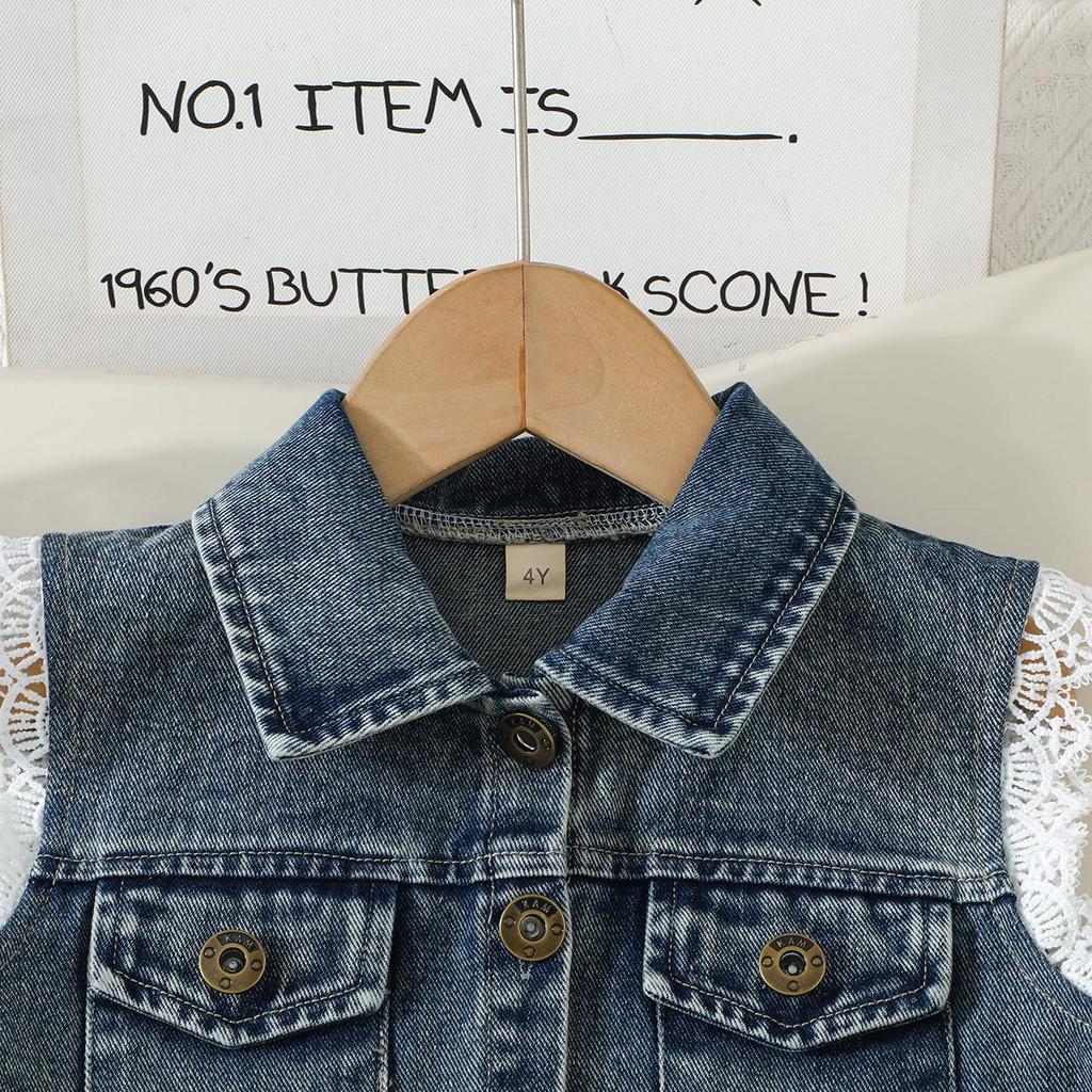 2PCS Girls Lace Trim Denim Vest & Pleated Skirt Set, Sleeveless Button Vest with Skirt