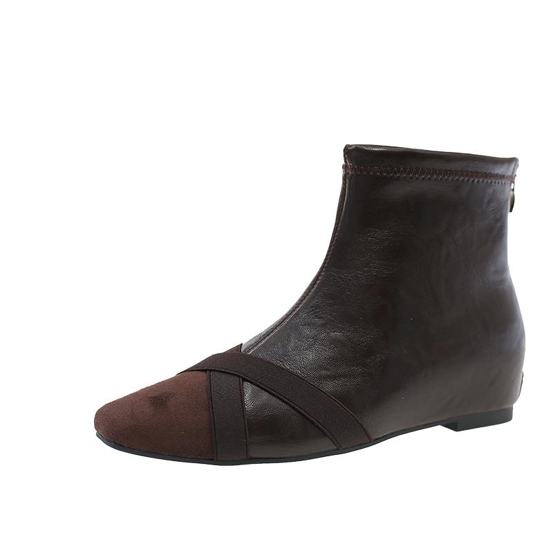 

Autumn Inside Heightening Booties 2025 Fashion Square Toe Zip Spliced Soft Sole Non-Slip Low Heel Single 40 коричневый