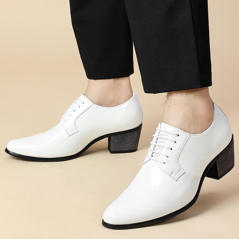 Fashion Brand Men'S High-Heeled Banquet Pointed Casual Leather Shoes Classic White Lace Up Men'S Comfortable Wedding Cuban Shoes