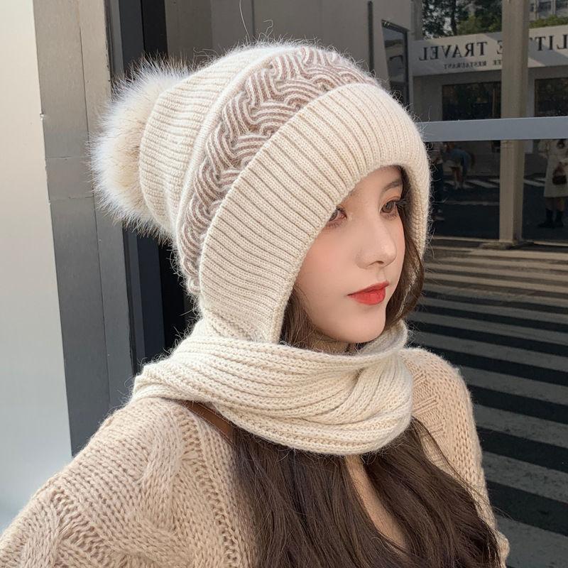 Winter Hat Women's Scarf Earmuffs Fashion Wind and Snow Scarf Integrated Hat Wool Knitted Cover Hat Thermal Ear Protection Hat