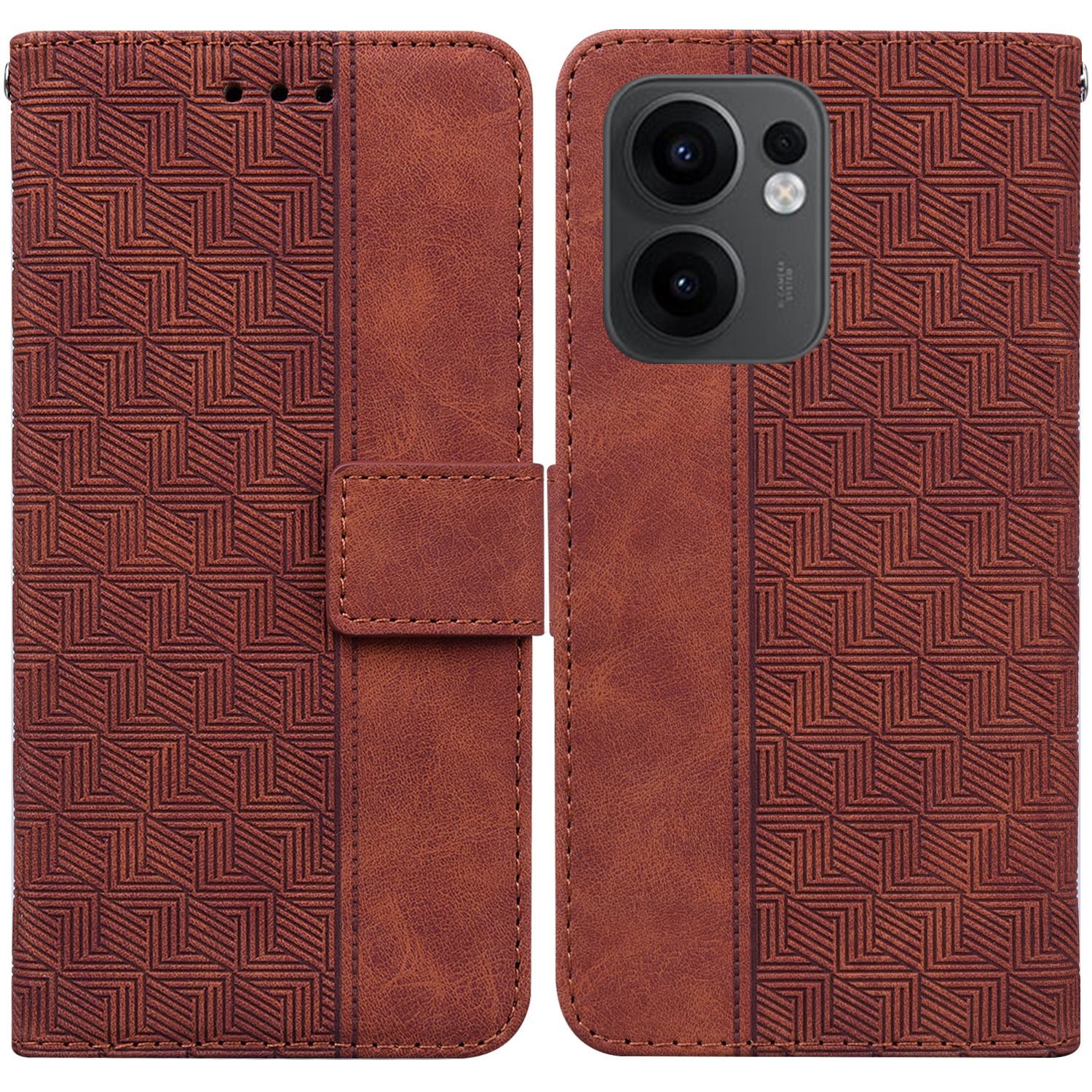 

For Oppo Reno13 F 5G Case Geometry Pattern Leather Wallet Phone Cover with Wrist Strap Brown