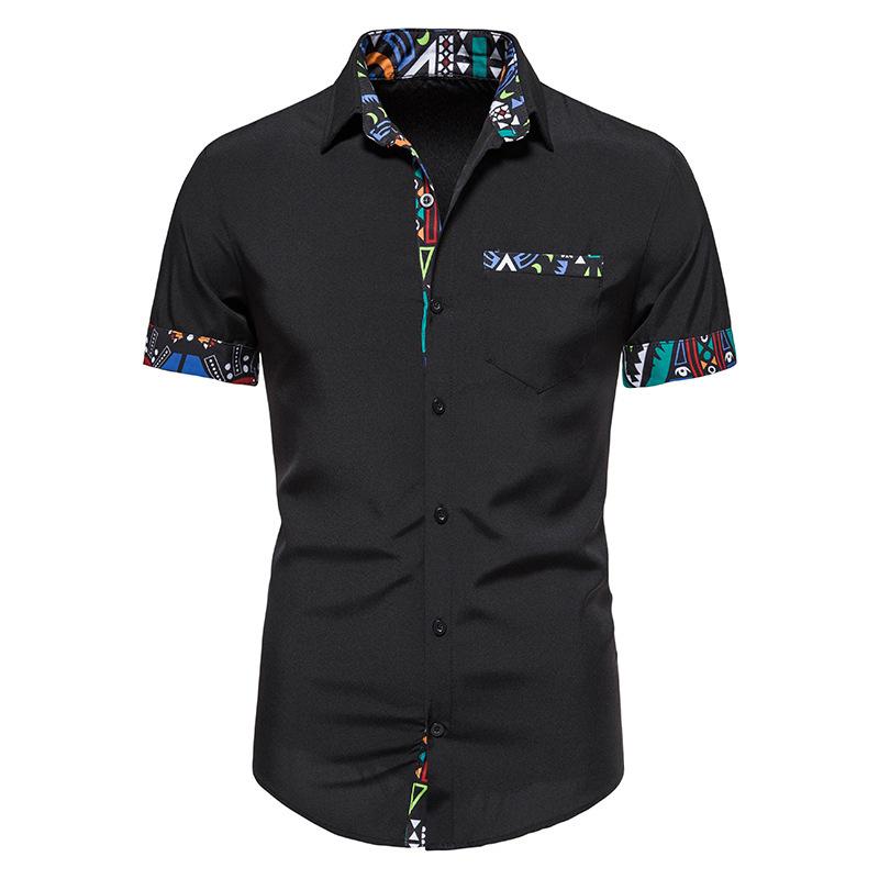 Summer Printed Men's Short Sleeved Shirt Splicing Design Short Sleeved Button Shirt